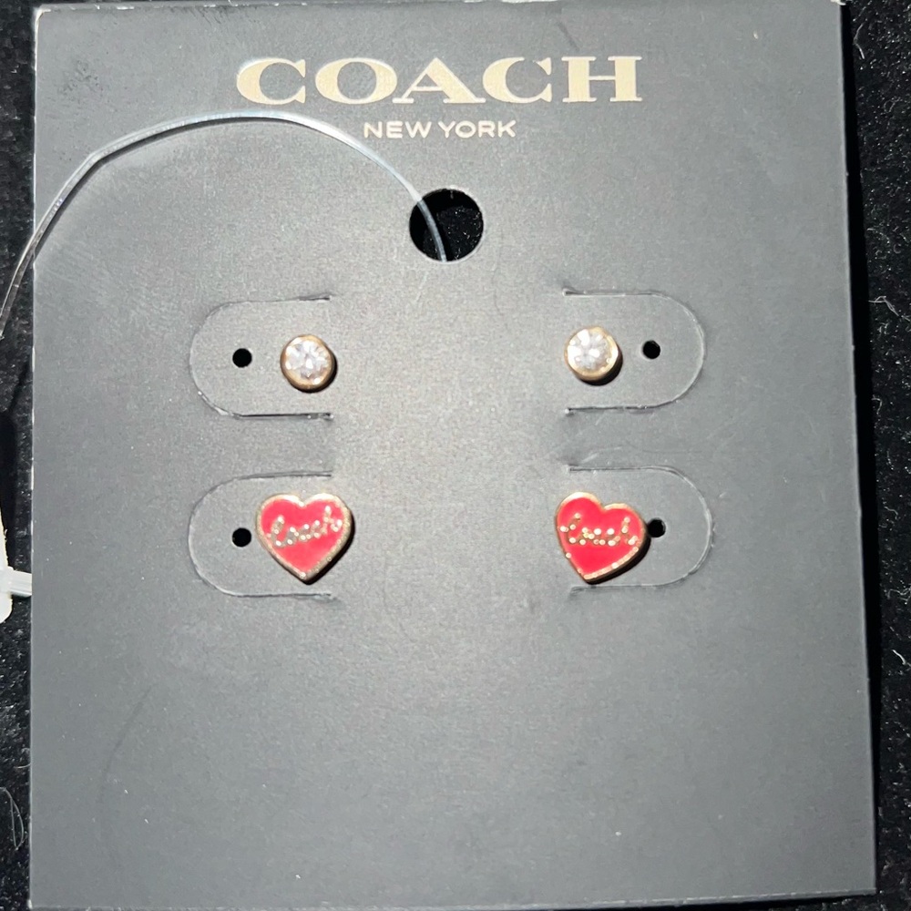 Coach Red Heart & Crystal Stud Earrings Set 💎 NWT ♥️ 2 pairs ideal for fans